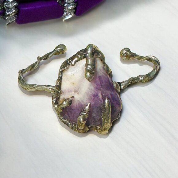 Handcrafted Amethyst Stone Claw Bangle Bracelet With Silver Blend Twist Design - Picture 8 of 11